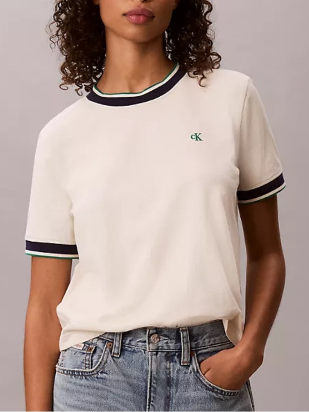 Calvin Klein Cream Short Sleeve Ringer Tee with Navy Trim